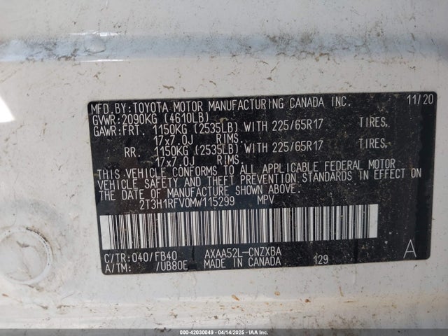 2T3H1RFV0MW115299 Toyota RAV4 LE