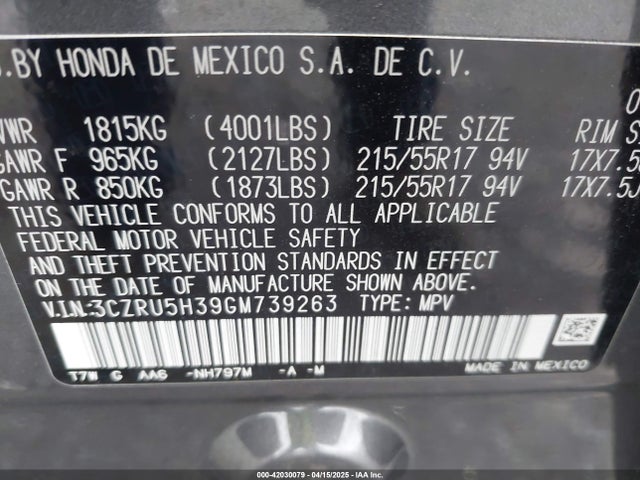 3CZRU5H39GM739263 Honda HR-V LX