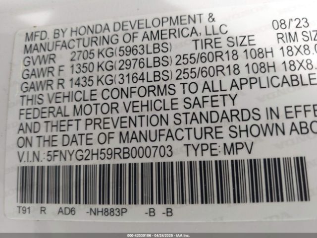 5FNYG2H59RB000703 Honda Pilot Ex-l 7 Passenger