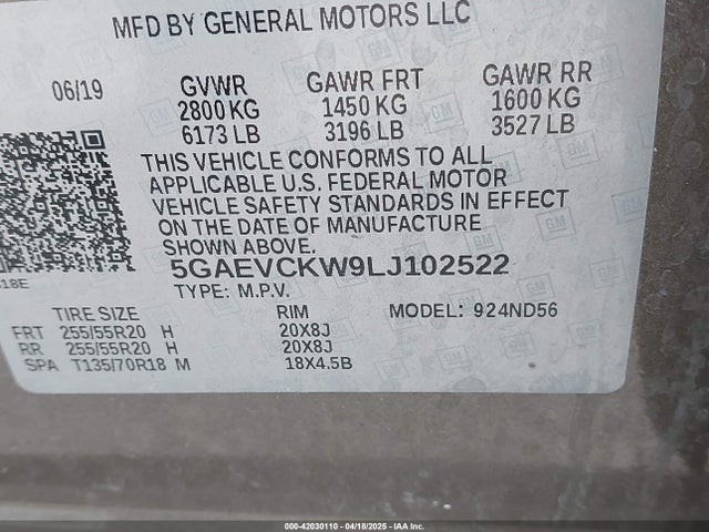 5GAEVCKW9LJ102522 Buick Enclave Awd Avenir