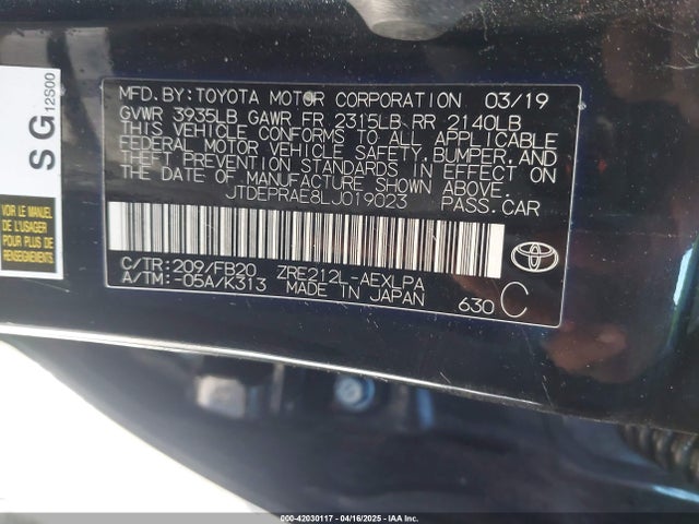 JTDEPRAE8LJ019023 Toyota COROLLA LE