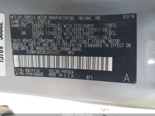 5TDKK3DC9ES454227 Toyota Sienna Le V6 8 Passenger