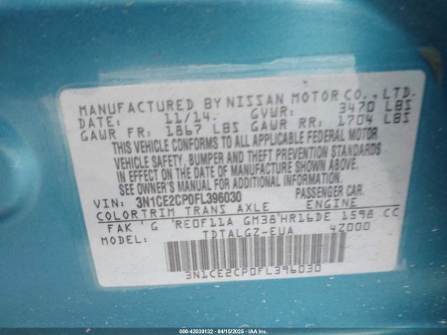 3N1CE2CP0FL396030 Nissan Versa Note Sr