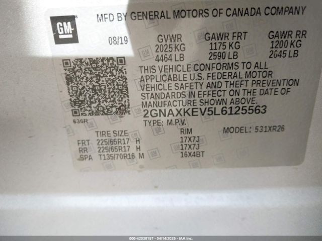 2GNAXKEV5L6125563 Chevrolet Equinox Fwd Lt 1.5l Turbo