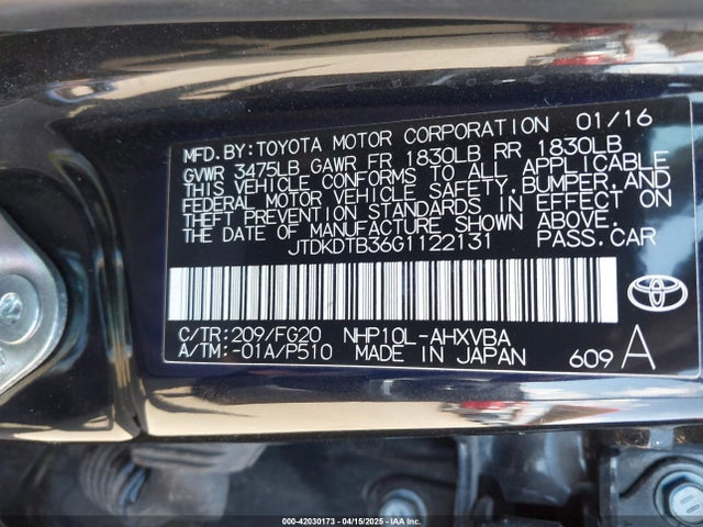 JTDKDTB36G1122131 Toyota Prius C Two