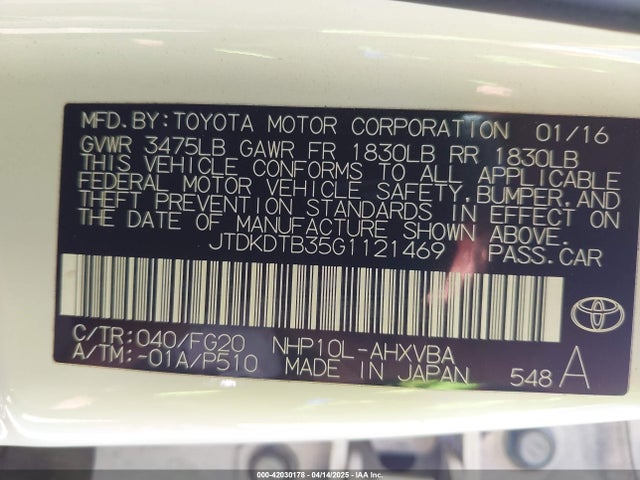 JTDKDTB35G1121469 Toyota Prius C Two