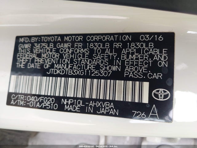 JTDKDTB3XG1125307 Toyota Prius C Two