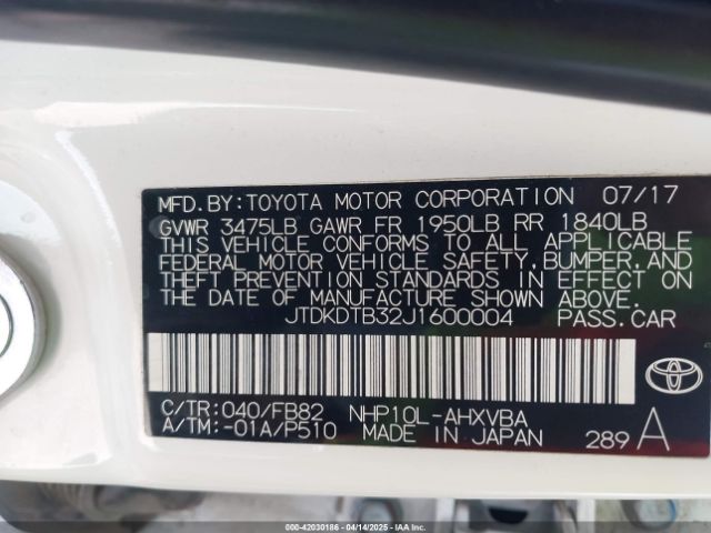JTDKDTB32J1600004 Toyota Prius C Two