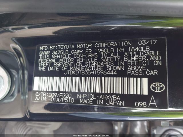 JTDKDTB35H1596444 Toyota Prius C Two