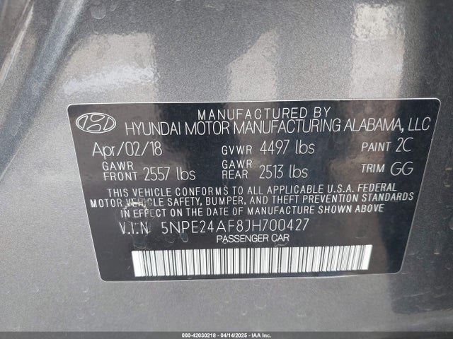 5NPE24AF8JH700427 Hyundai SONATA SE