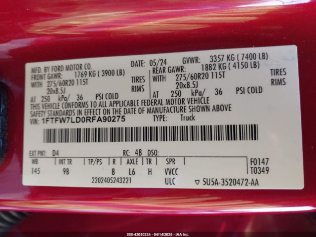 1FTFW7LD0RFA90275 Ford F-150 Platinum