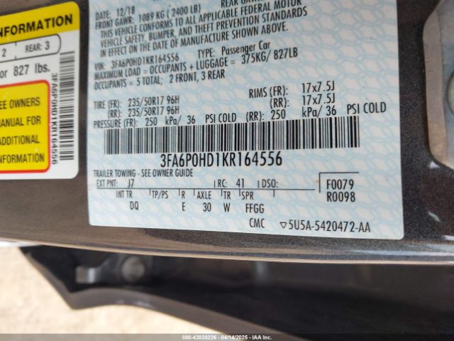 3FA6P0HD1KR164556 Ford FUSION SE