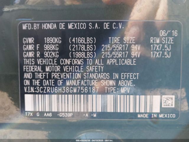 3CZRU6H38GM756187 Honda HR-V LX