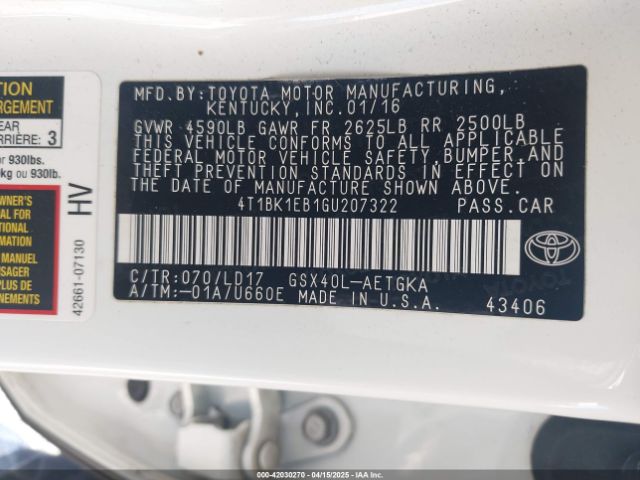 4T1BK1EB1GU207322 Toyota AVALON XLE