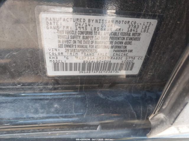 3N1AB7AP5EY238736 Nissan Sentra Fe+ S/fe+ Sv/s/sl/sr/sv