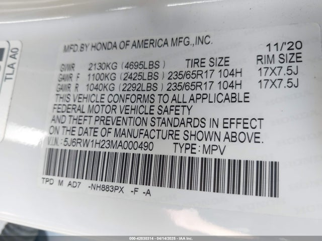 5J6RW1H23MA000490 Honda Cr-v 2wd Lx