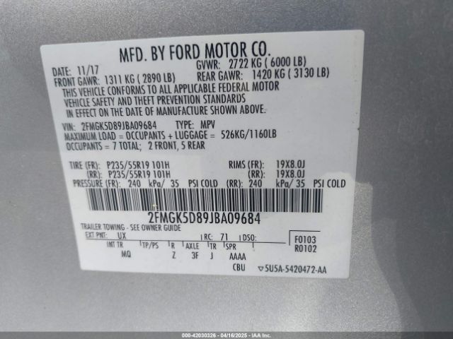 2FMGK5D89JBA09684 Ford Flex Limited