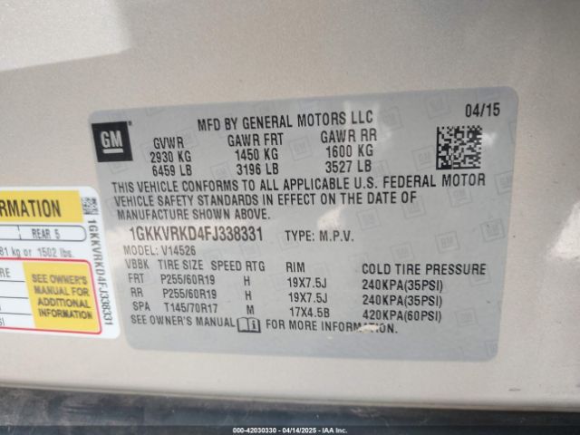 1GKKVRKD4FJ338331 GMC Acadia Slt-1