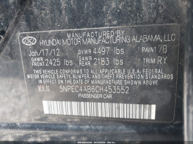 Aukcja sprzedaży 2012 Hyundai Sonata Se 2.0t, vin: 5NPEC4AB6CH453552, numer aukcji: 42030354