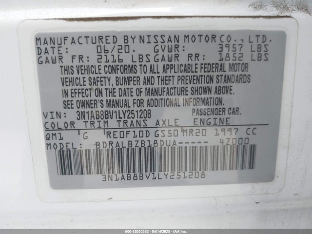 3N1AB8BV1LY251208 Nissan Sentra S Xtronic Cvt