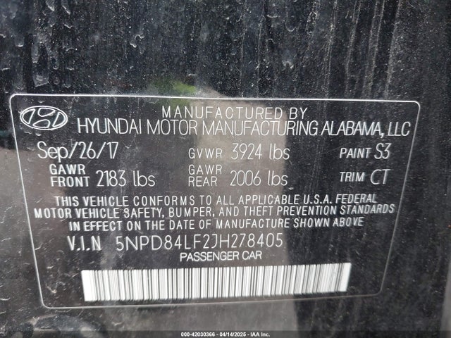 5NPD84LF2JH278405 Hyundai mpi nu