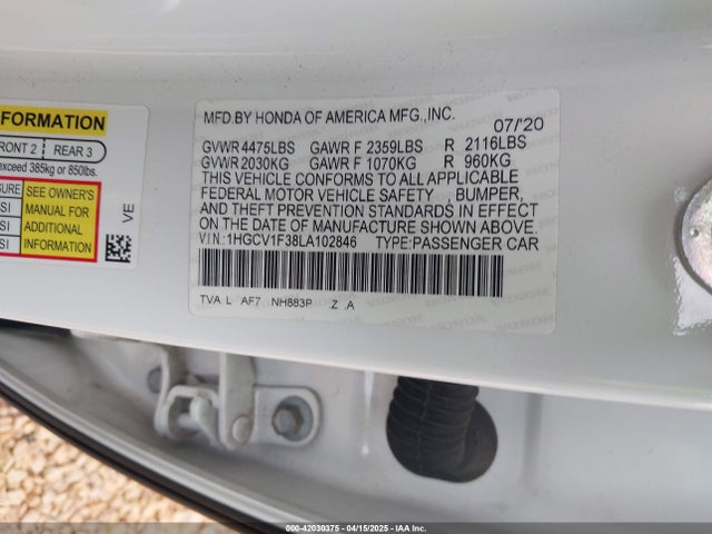 1HGCV1F38LA102846 Honda l15be