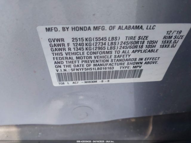 5FNYF5H51LB016163 Honda Pilot 2wd Ex-l