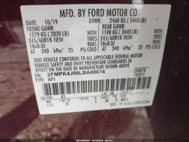 2FMPK4J99LBA08674 Ford EDGE SEL
