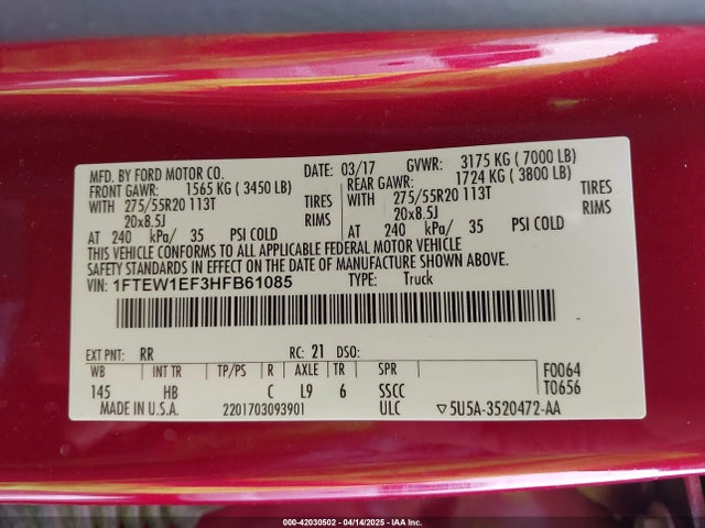 1FTEW1EF3HFB61085 Ford F-150 Lariat