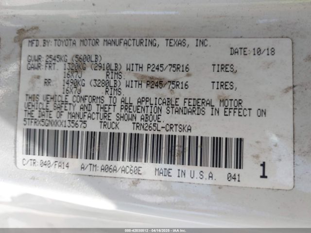 5TFRX5GNXKX135675 Toyota Tacoma Sr