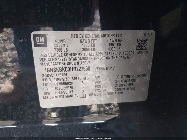 1GNSKBKC3HR227560 Chevrolet Tahoe Lt