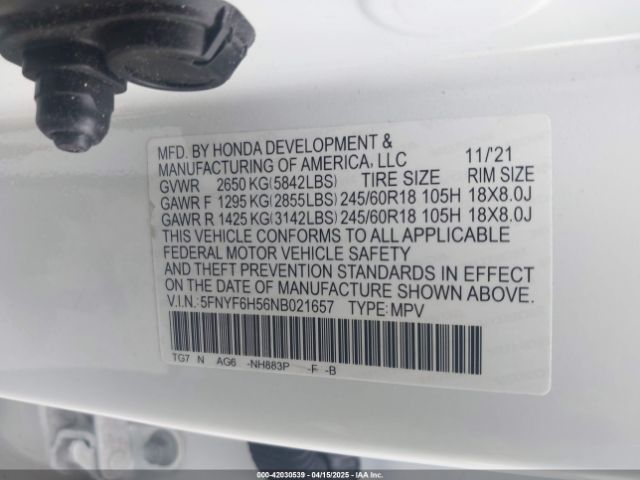 5FNYF6H56NB021657 Honda Pilot Awd Ex-l