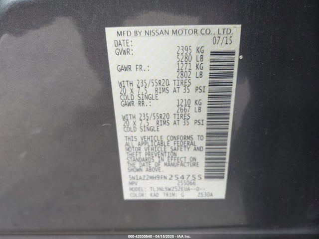 5N1AZ2MH9FN254755 Nissan Murano Platinum