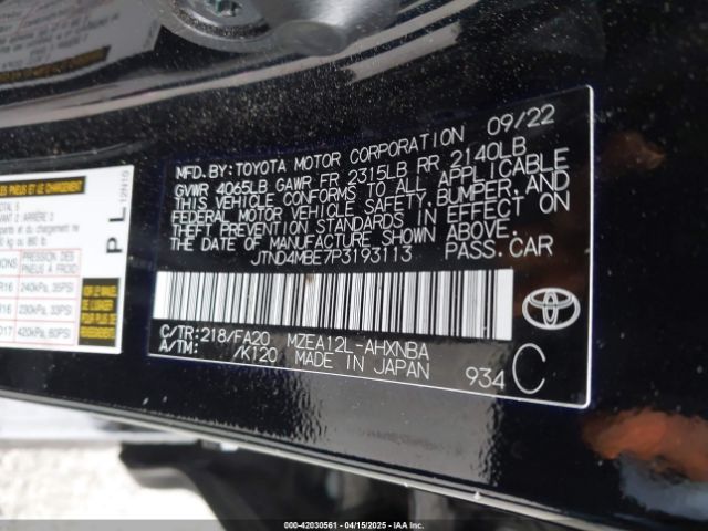JTND4MBE7P3193113 Toyota COROLLA SE