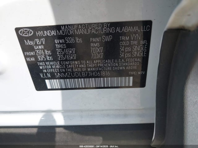 5NMZUDLB7JH061816 Hyundai gdi theta ii