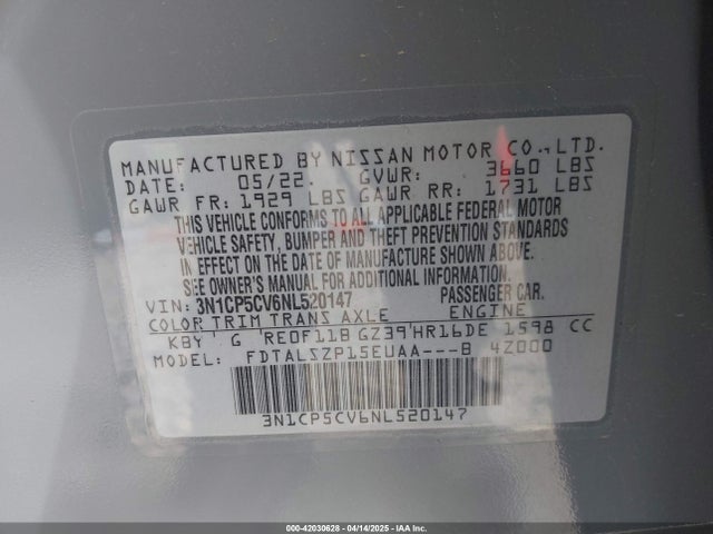3N1CP5CV6NL520147 Nissan Kicks Sv Xtronic Cvt