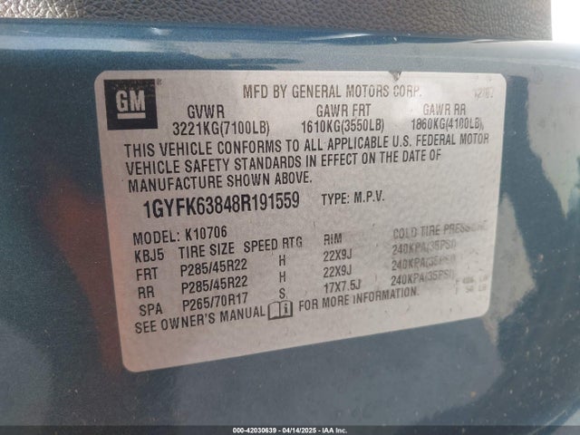 2008 CADILLAC ESCALADE 1GYFK63848R191559 Photo 8