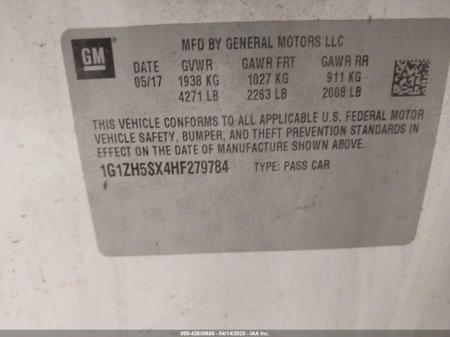 1G1ZH5SX4HF279784 Chevrolet ltg - sidi: spark ignited direct injection, vvt: variable valve timing, alum dohc, dcvcp turbo, e0-e100, alum