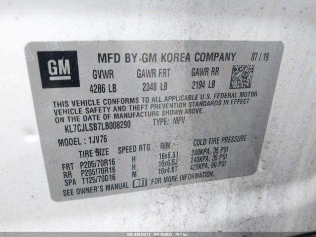 KL7CJLSB7LB008290 Chevrolet Trax Fwd Lt