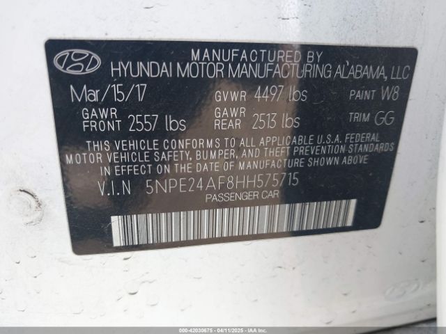 5NPE24AF8HH575715 Hyundai Sonata
