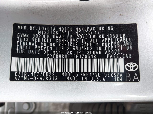 5YFBURHE5FP178518 Toyota Corolla S Plus