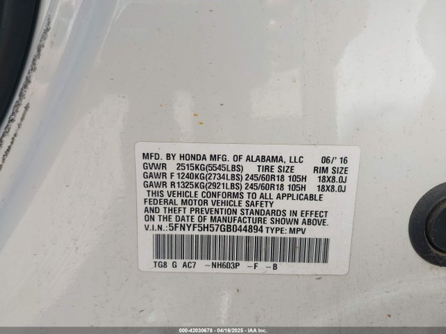 5FNYF5H57GB044894 Honda Pilot Ex-l