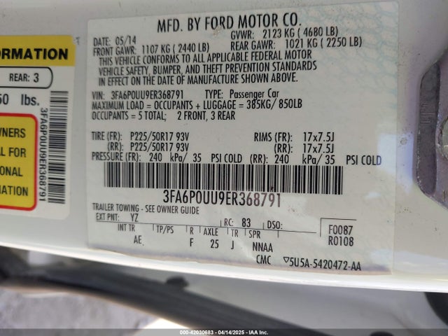 3FA6P0UU9ER368791 Ford Fusion S Hybrid