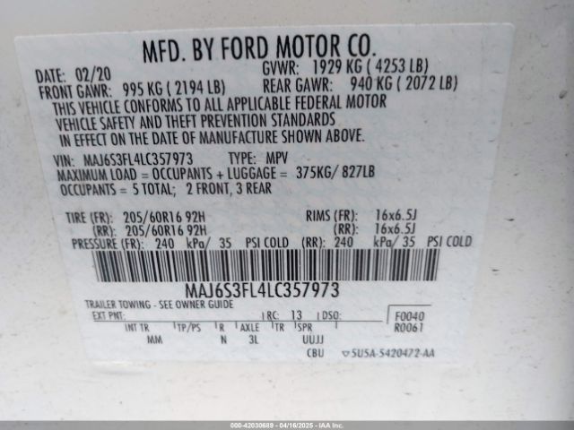 MAJ6S3FL4LC357973 Ford ECOSPORT S