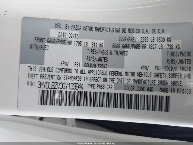 3MYDLBZV0GY133944 Scion IA