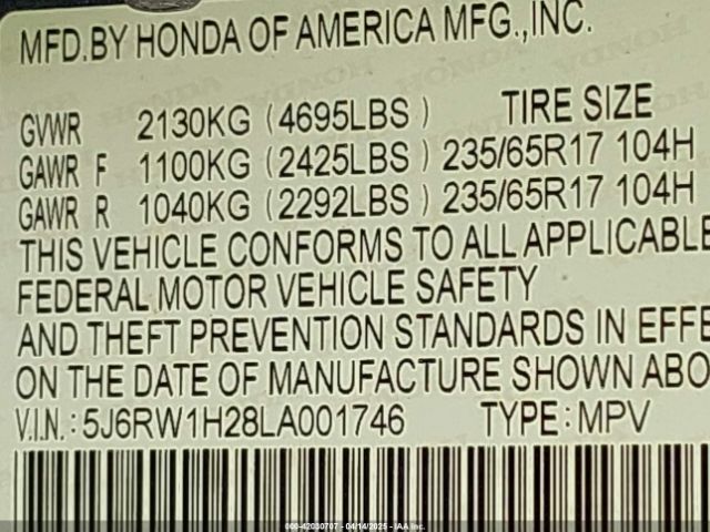 5J6RW1H28LA001746 Honda Cr-v 2wd Lx