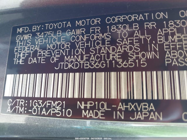 JTDKDTB36G1136515 Toyota Prius C Two