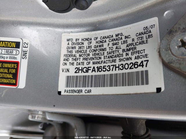 Aukcja sprzedaży 2007 Honda Civic Lx, vin: 2HGFA16537H302647, numer aukcji: 42030722