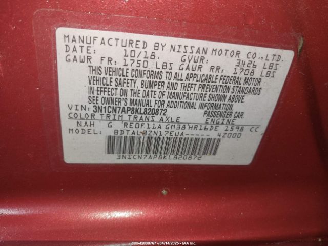 3N1CN7AP8KL820872 Nissan Versa 1.6 Sv