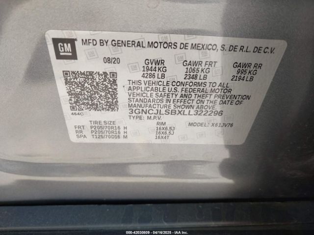 3GNCJLSBXLL322296 Chevrolet Trax Fwd Lt
